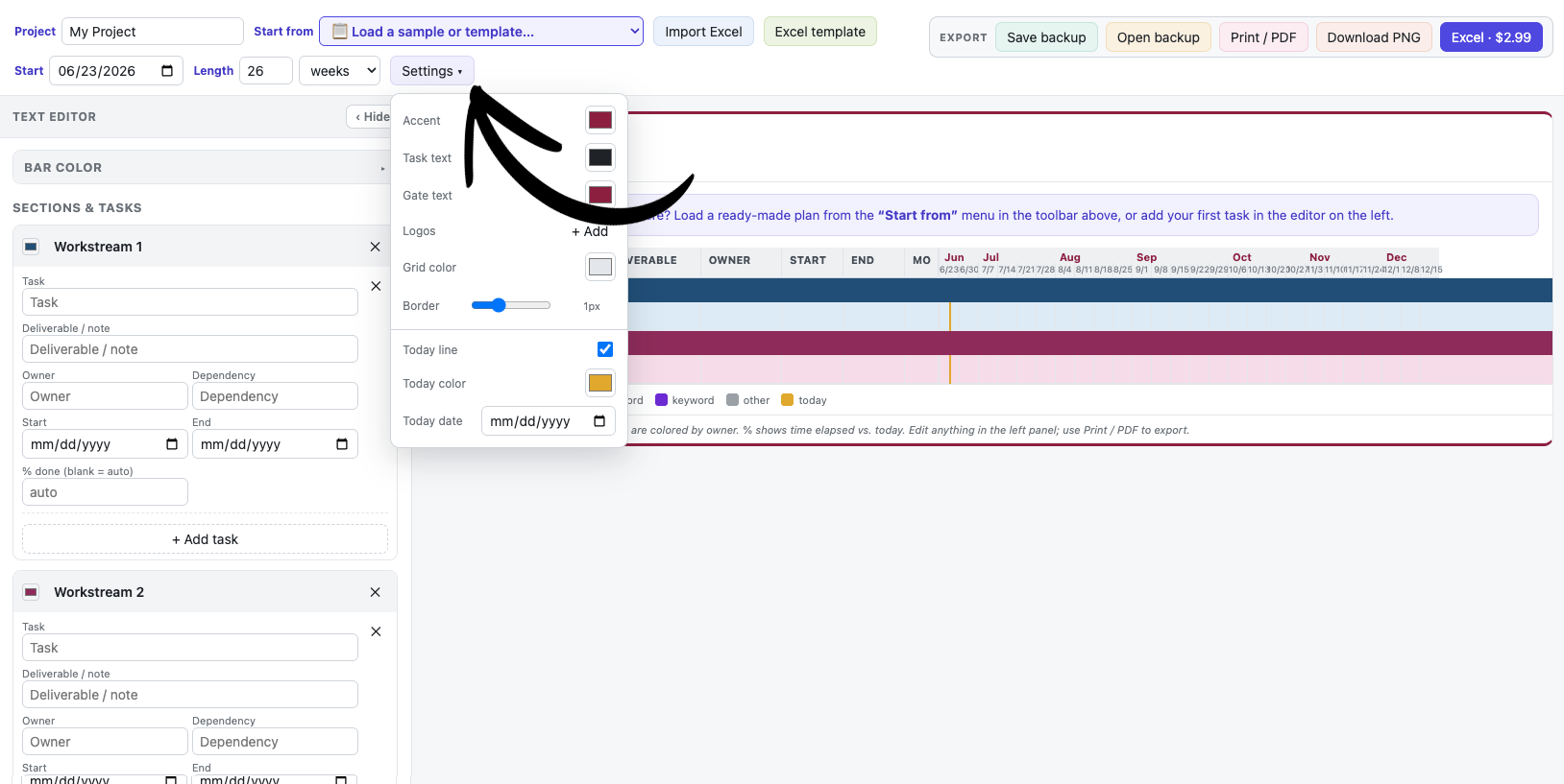 The Settings popover with the Task text and Gate text color pickers.