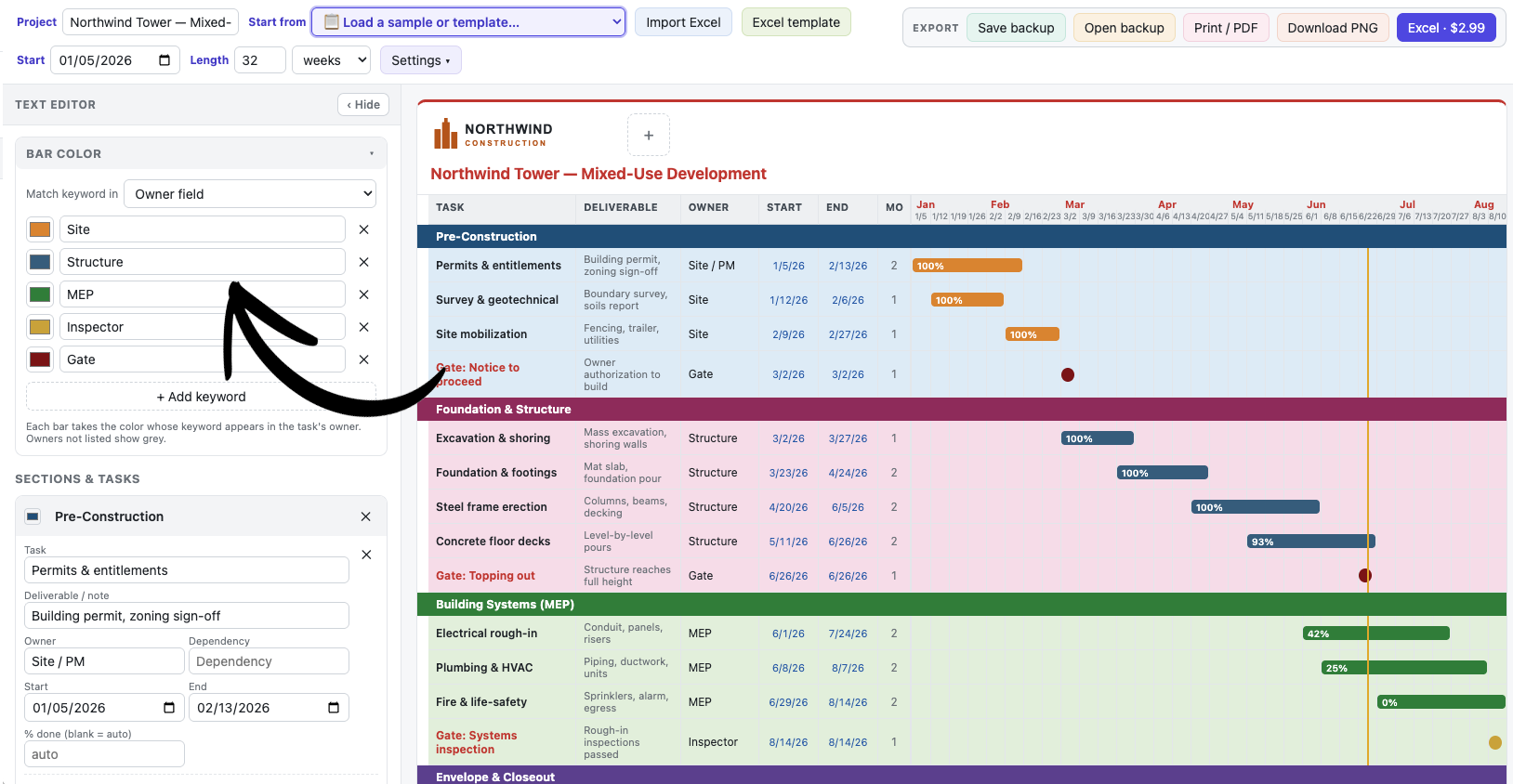 The Bar color panel — keyword/color list and the “Match keyword in” option.