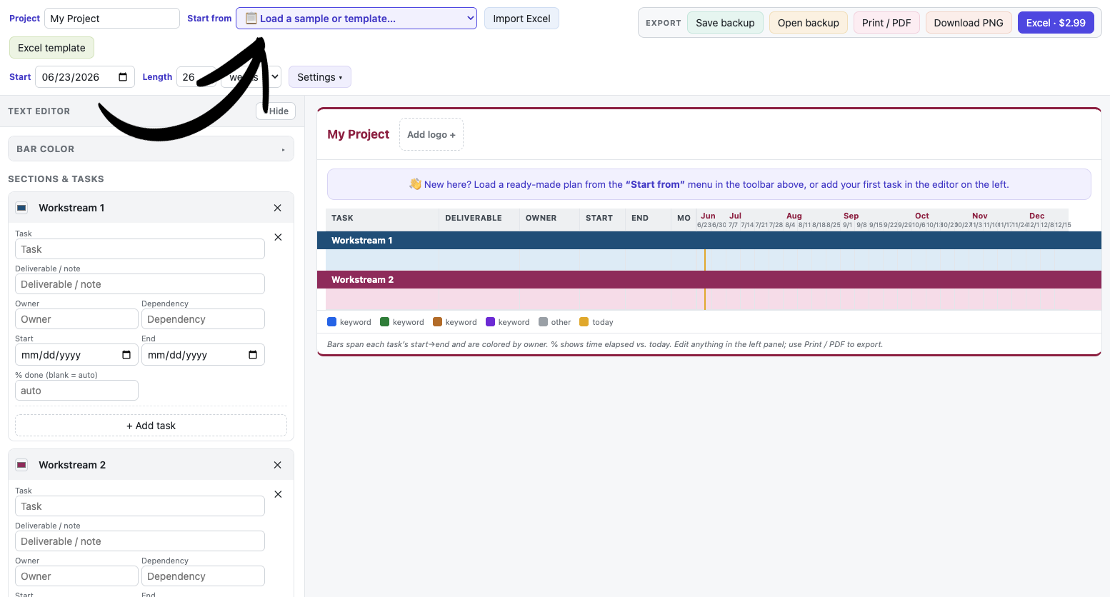 The toolbar with the “Start from” menu, where you pick a sample or a blank chart.