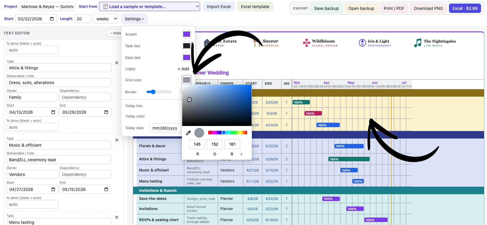 Grid color and border-thickness controls in Settings.