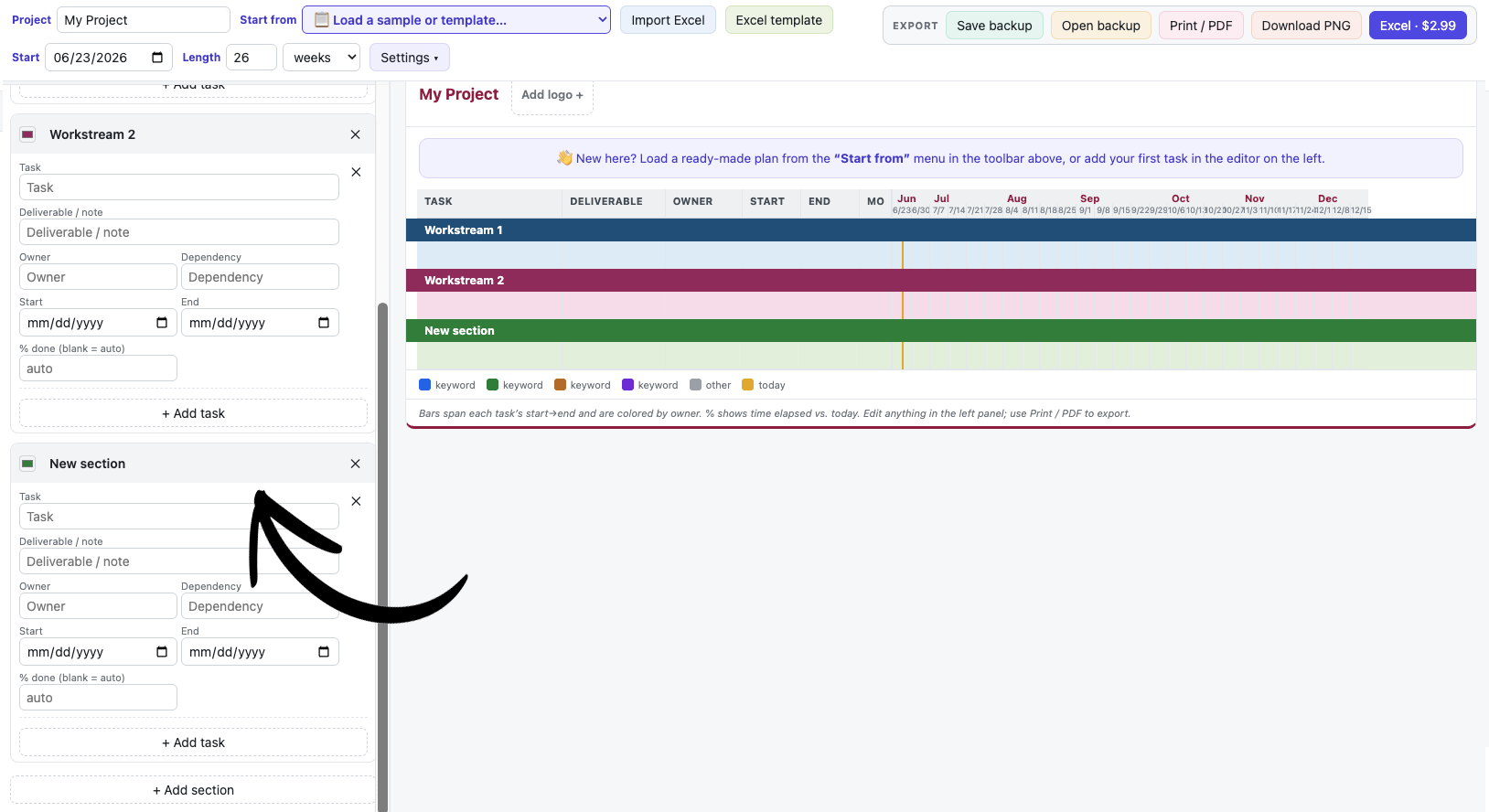 Adding a section and a task in the editor panel.