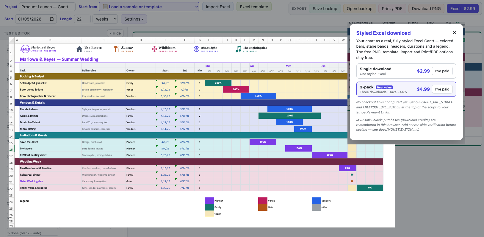 The Export box and an example of the downloaded styled Excel file.